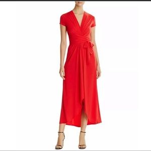Michael Kors Dress Womens XS Red Short Sleeve V Neck High Lo Tie Waist Wrap Maxi